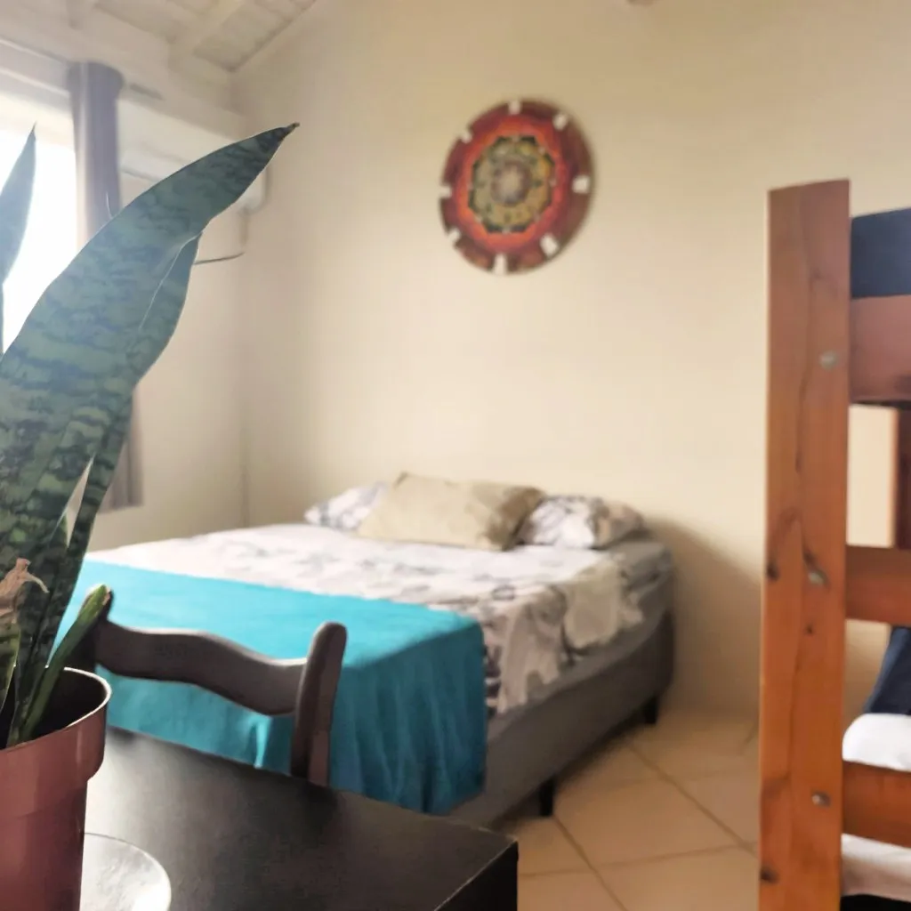 Suíte vista da entrada, com beliche e planta